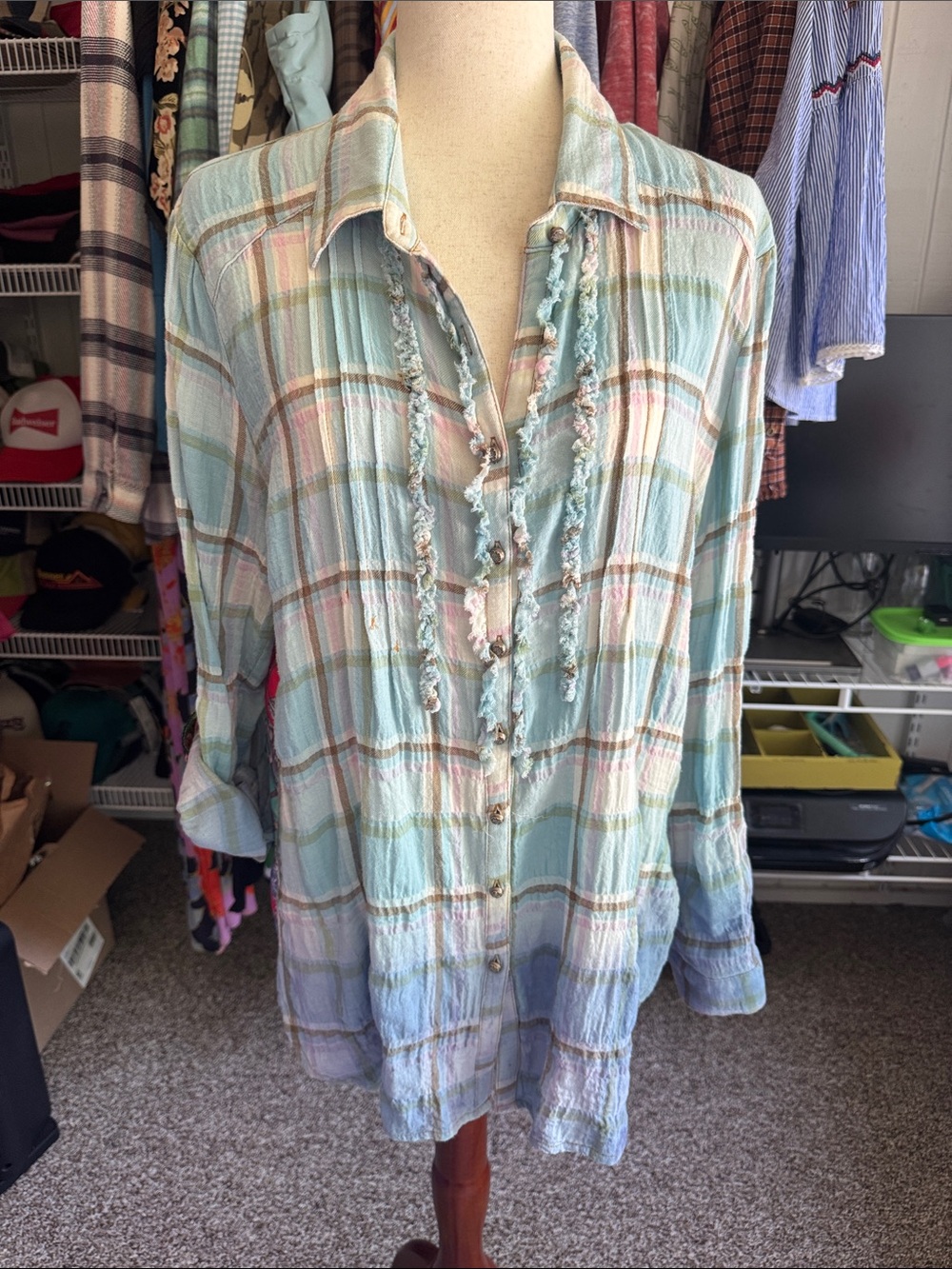 Pastel Plaid Button-Down Shirt in Light Blue and Cream